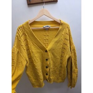 Evie's Tree The Isabel Mustard Yellow Cable Knit Pointelle Cardigan Sweater L